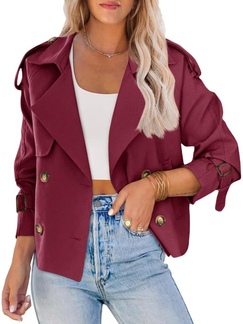 Women's Maroon Cropped Raglan Sleeve Lapel Collar Double Breasted Trench Coat